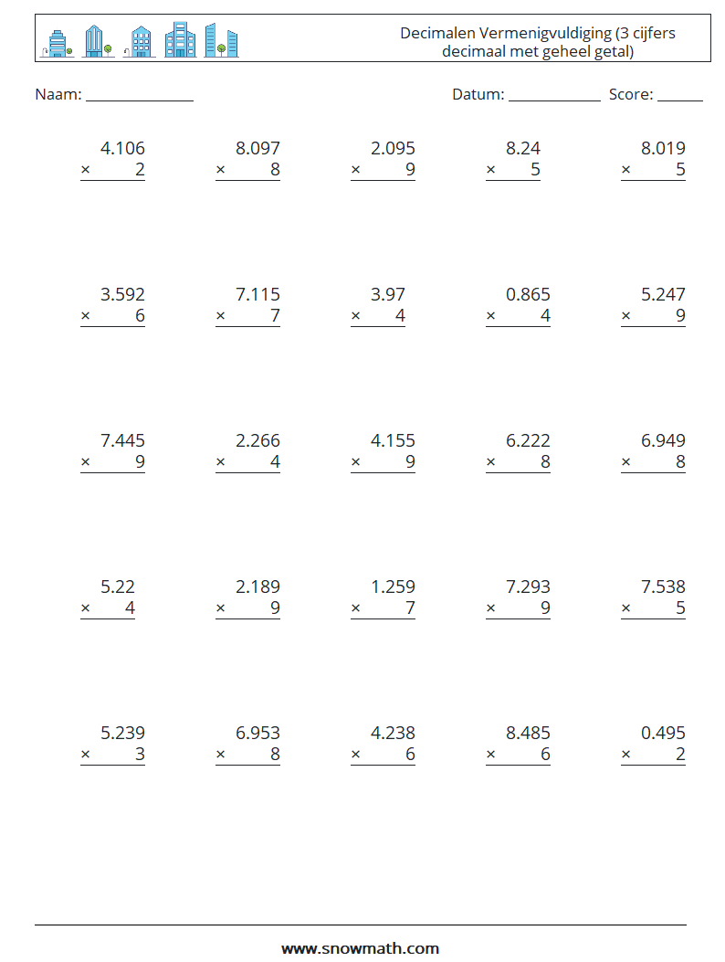(25) Decimalen Vermenigvuldiging (3 cijfers decimaal met geheel getal) Wiskundige werkbladen 8