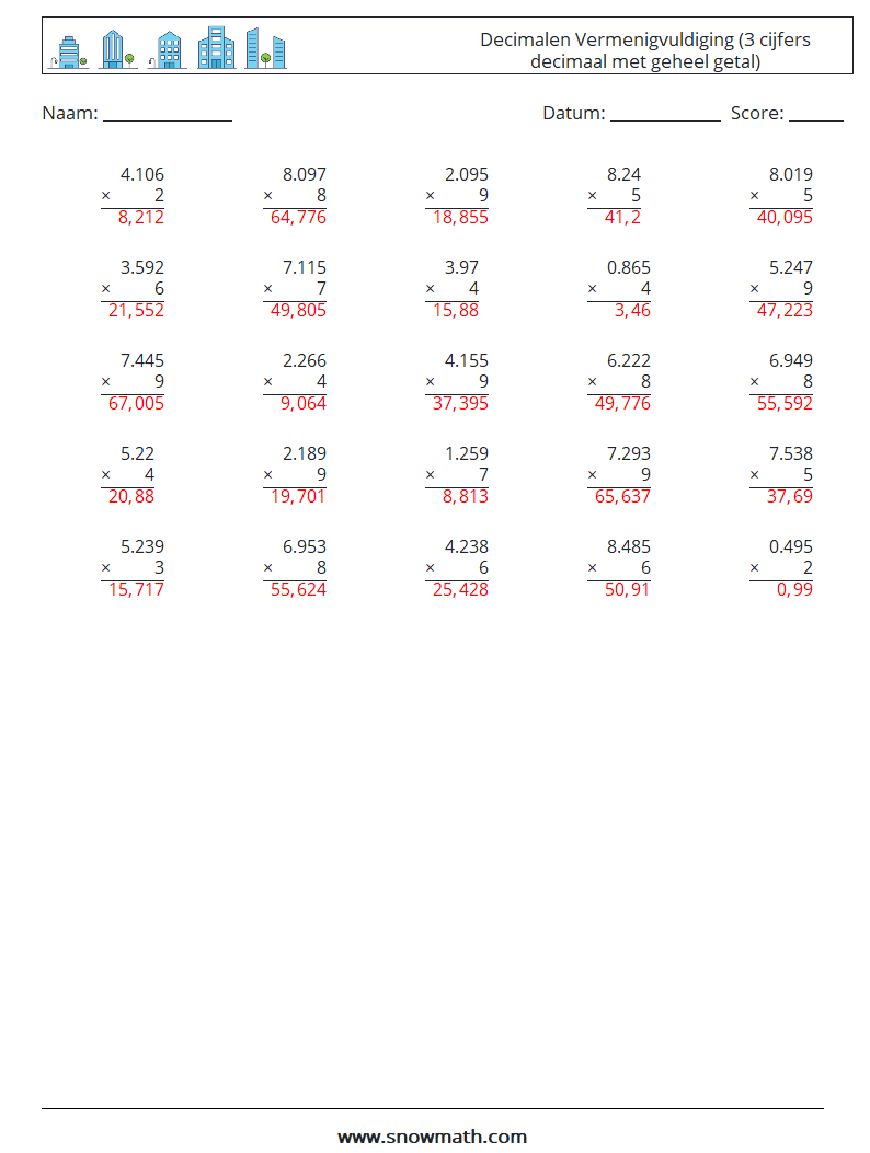(25) Decimalen Vermenigvuldiging (3 cijfers decimaal met geheel getal) Wiskundige werkbladen 8 Vraag, Antwoord