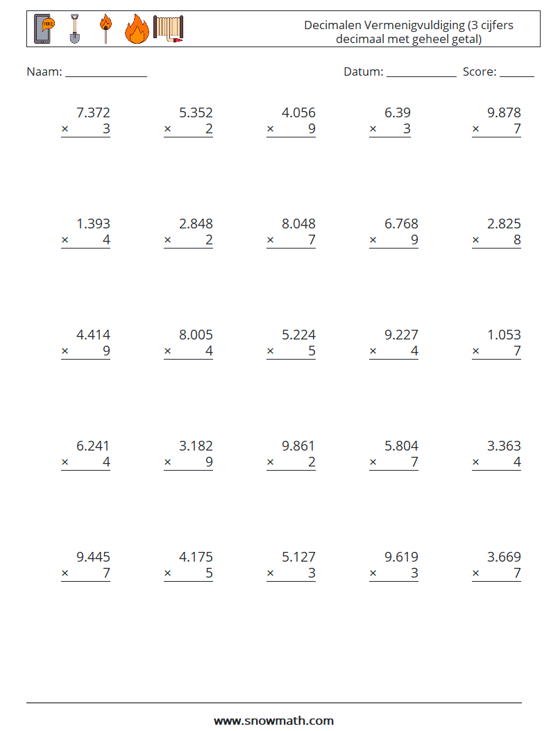 (25) Decimalen Vermenigvuldiging (3 cijfers decimaal met geheel getal) Wiskundige werkbladen 9