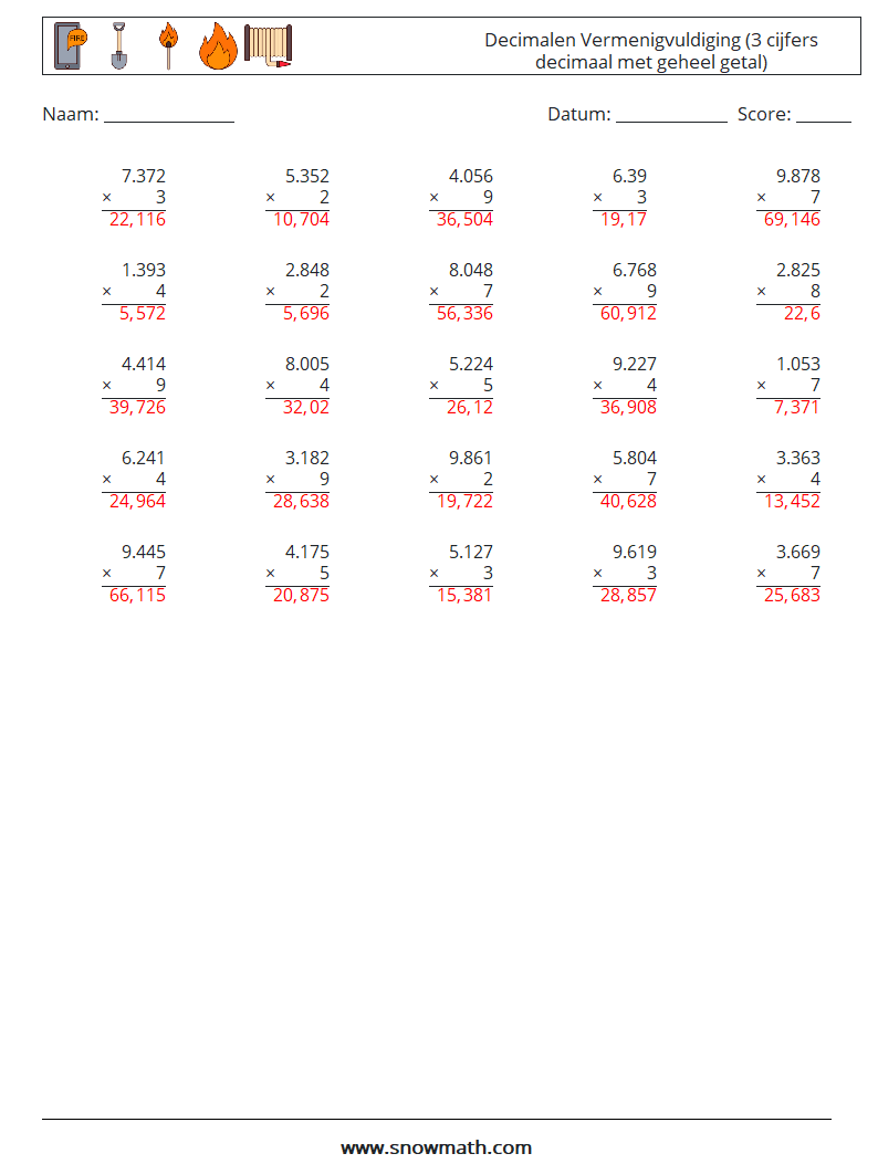 (25) Decimalen Vermenigvuldiging (3 cijfers decimaal met geheel getal) Wiskundige werkbladen 9 Vraag, Antwoord