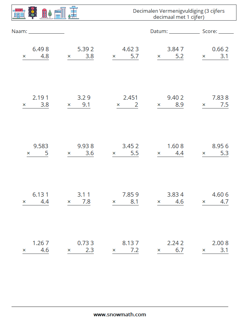 (25) Decimalen Vermenigvuldiging (3 cijfers decimaal met 1 cijfer) Wiskundige werkbladen 10