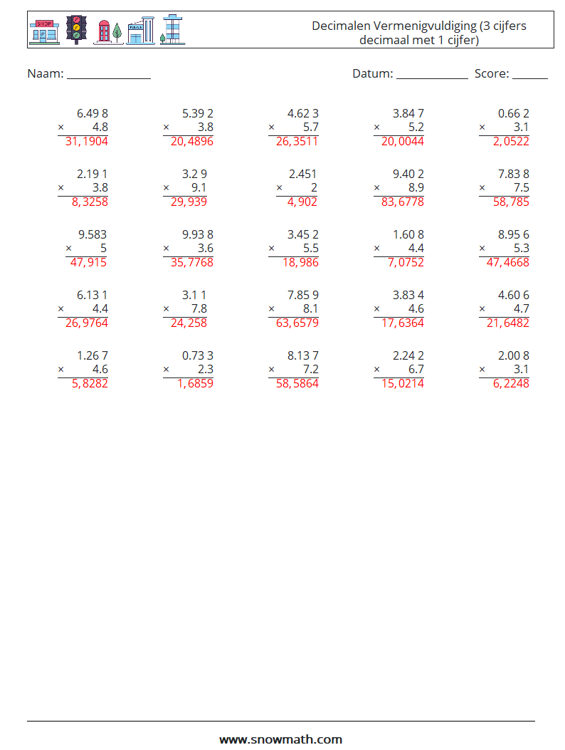 (25) Decimalen Vermenigvuldiging (3 cijfers decimaal met 1 cijfer) Wiskundige werkbladen 10 Vraag, Antwoord
