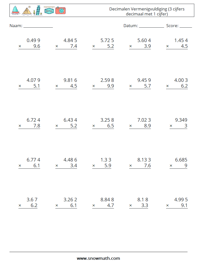(25) Decimalen Vermenigvuldiging (3 cijfers decimaal met 1 cijfer) Wiskundige werkbladen 11