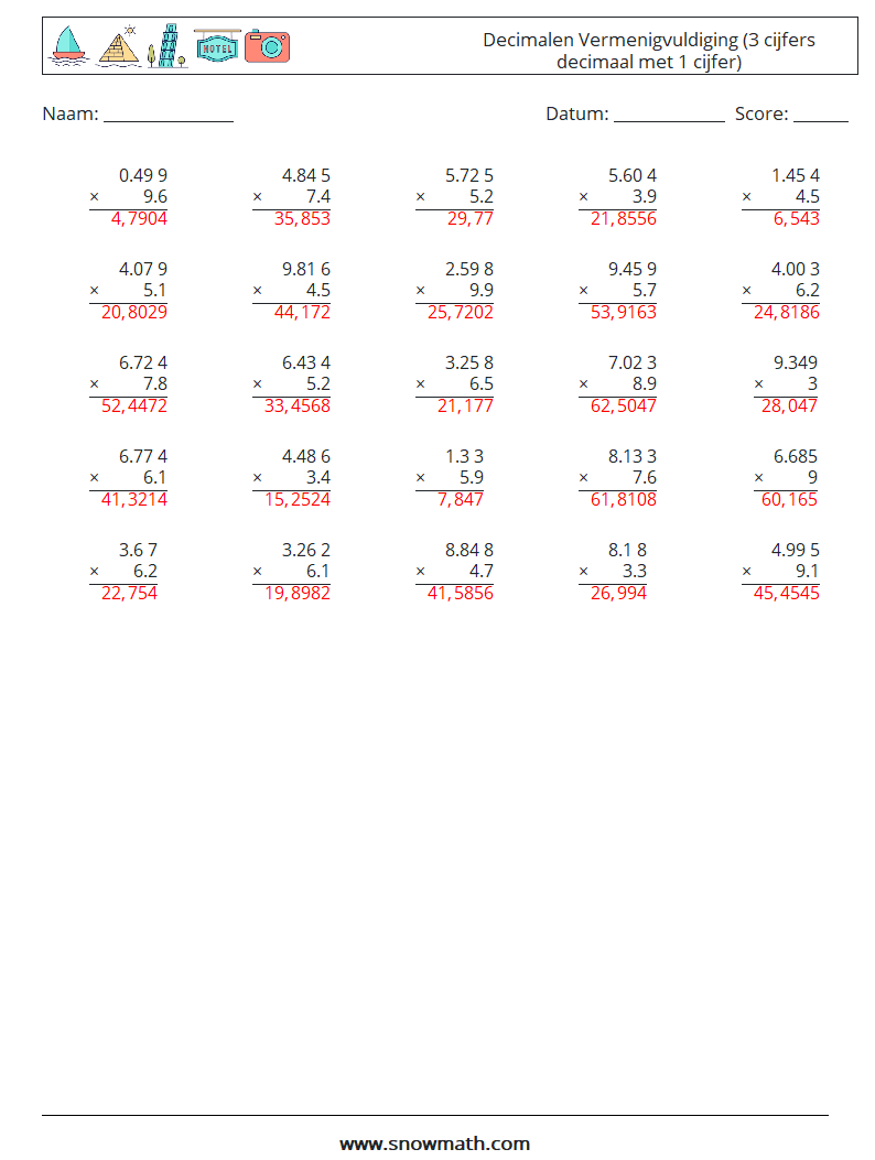 (25) Decimalen Vermenigvuldiging (3 cijfers decimaal met 1 cijfer) Wiskundige werkbladen 11 Vraag, Antwoord
