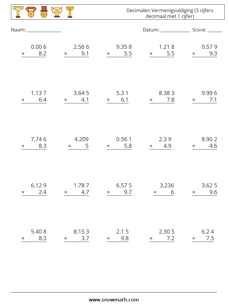 (25) Decimalen Vermenigvuldiging (3 cijfers decimaal met 1 cijfer) Wiskundige werkbladen 12