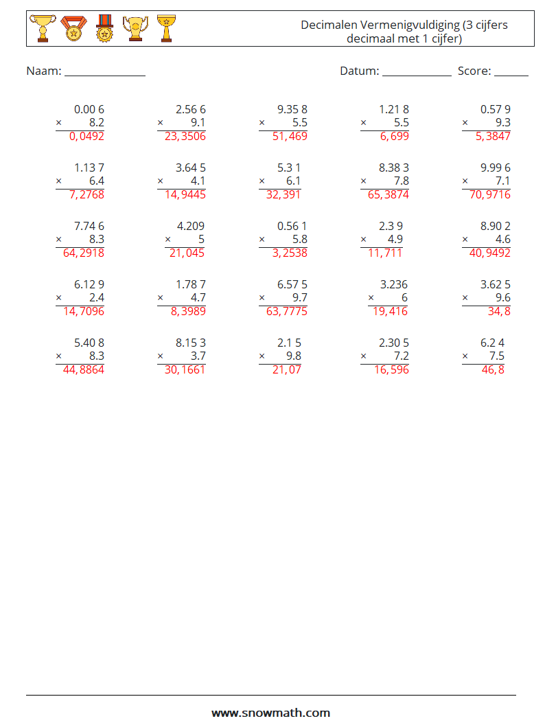 (25) Decimalen Vermenigvuldiging (3 cijfers decimaal met 1 cijfer) Wiskundige werkbladen 12 Vraag, Antwoord