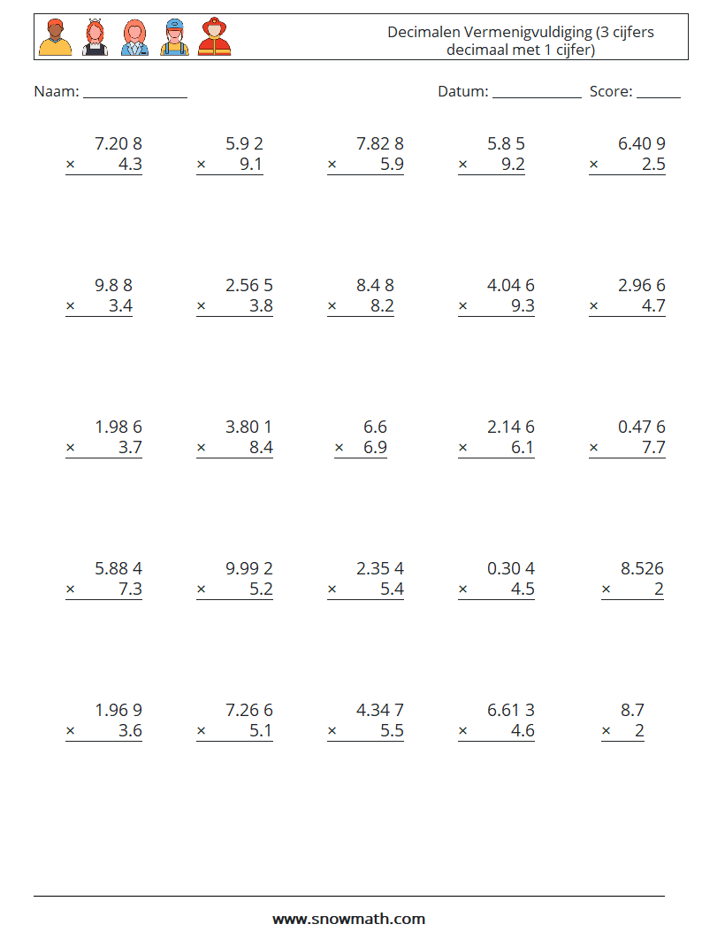 (25) Decimalen Vermenigvuldiging (3 cijfers decimaal met 1 cijfer) Wiskundige werkbladen 13
