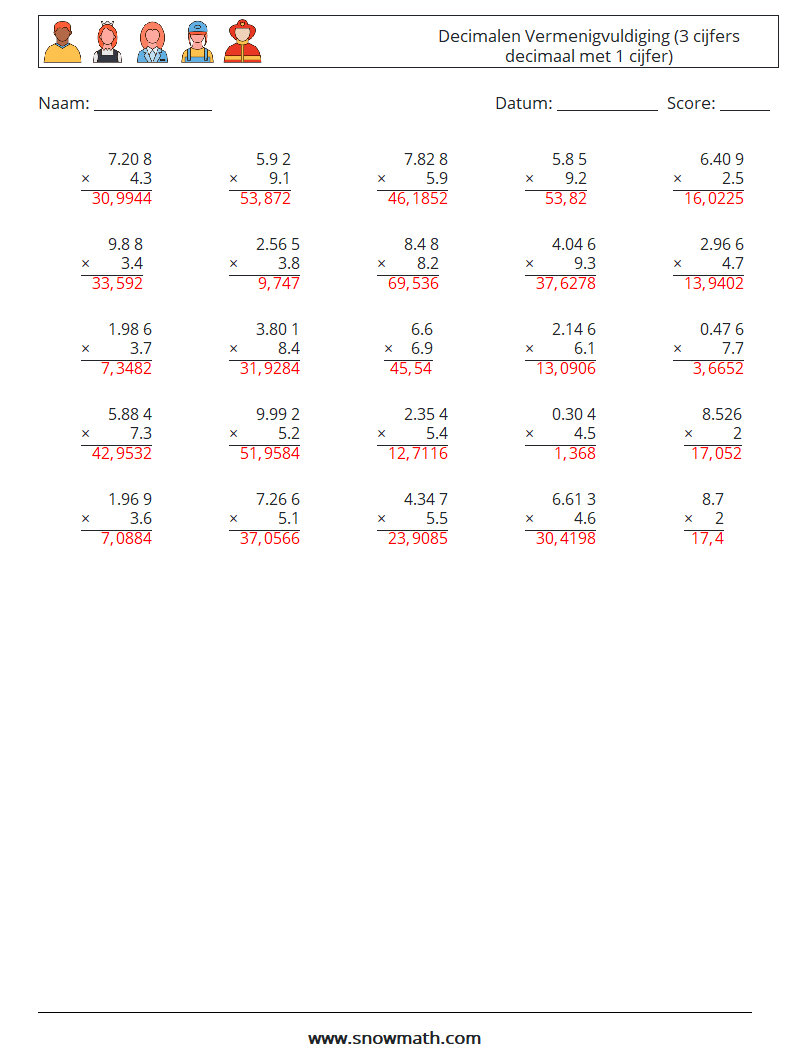 (25) Decimalen Vermenigvuldiging (3 cijfers decimaal met 1 cijfer) Wiskundige werkbladen 13 Vraag, Antwoord