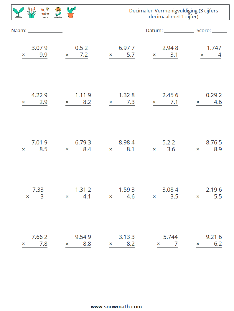 (25) Decimalen Vermenigvuldiging (3 cijfers decimaal met 1 cijfer) Wiskundige werkbladen 14