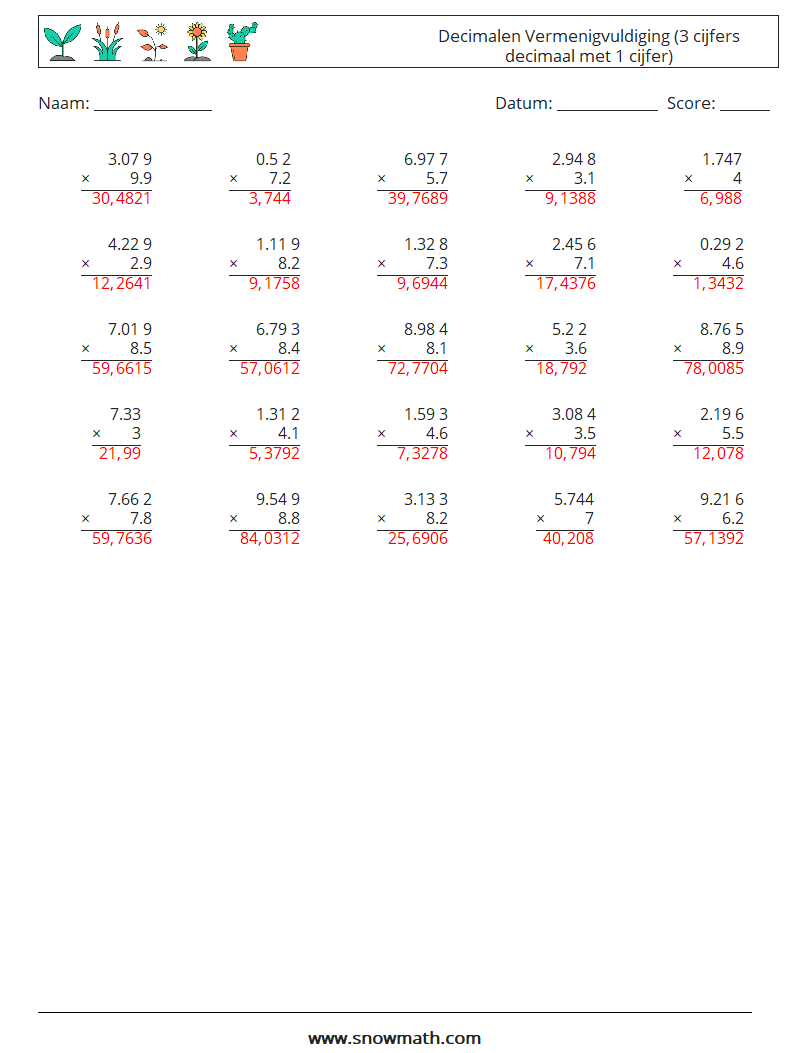 (25) Decimalen Vermenigvuldiging (3 cijfers decimaal met 1 cijfer) Wiskundige werkbladen 14 Vraag, Antwoord