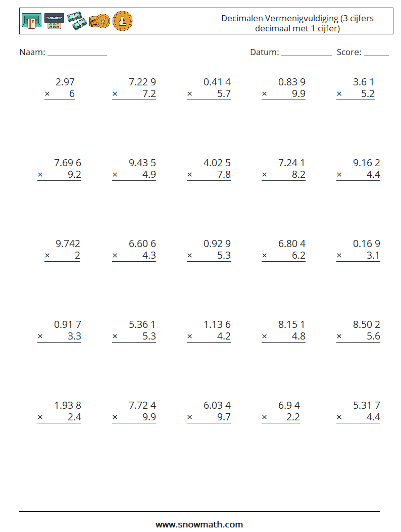 (25) Decimalen Vermenigvuldiging (3 cijfers decimaal met 1 cijfer) Wiskundige werkbladen 15