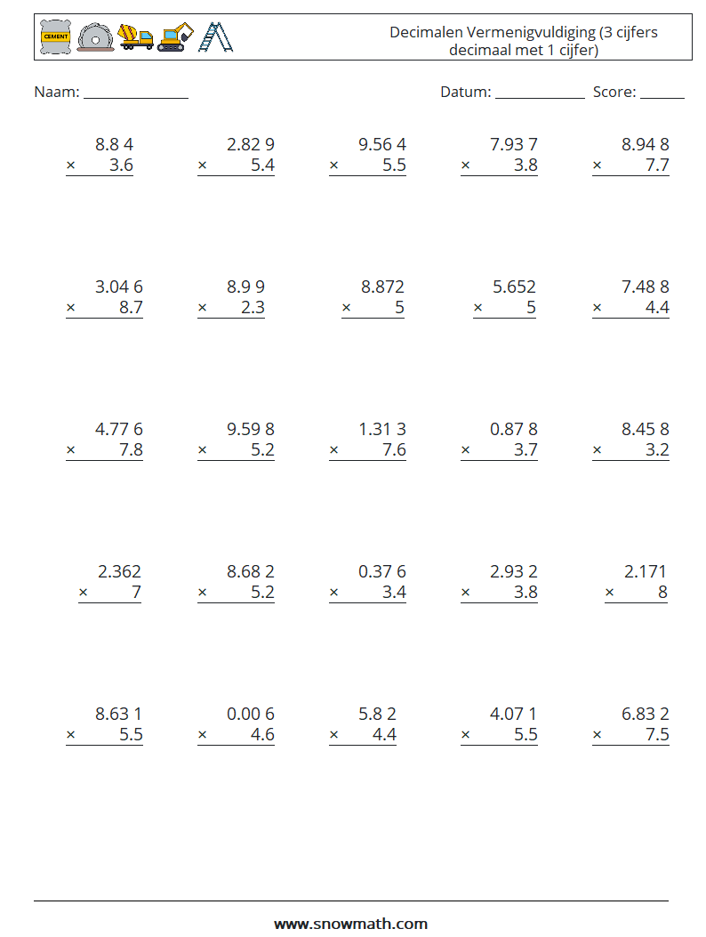 (25) Decimalen Vermenigvuldiging (3 cijfers decimaal met 1 cijfer) Wiskundige werkbladen 16