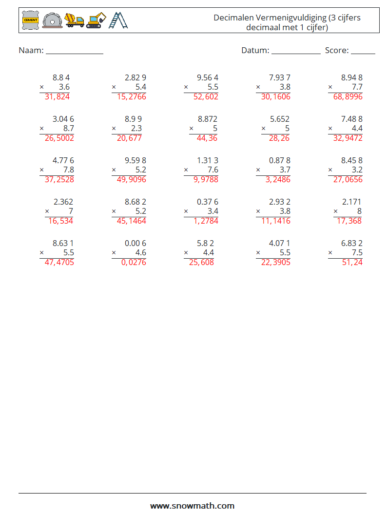 (25) Decimalen Vermenigvuldiging (3 cijfers decimaal met 1 cijfer) Wiskundige werkbladen 16 Vraag, Antwoord