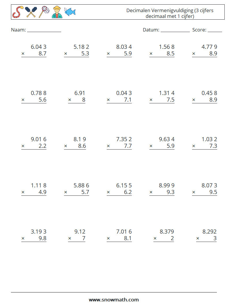 (25) Decimalen Vermenigvuldiging (3 cijfers decimaal met 1 cijfer) Wiskundige werkbladen 17