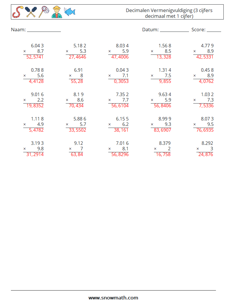 (25) Decimalen Vermenigvuldiging (3 cijfers decimaal met 1 cijfer) Wiskundige werkbladen 17 Vraag, Antwoord