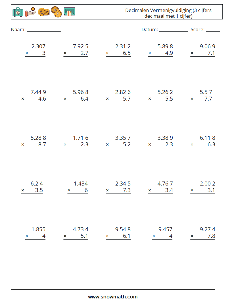(25) Decimalen Vermenigvuldiging (3 cijfers decimaal met 1 cijfer) Wiskundige werkbladen 18