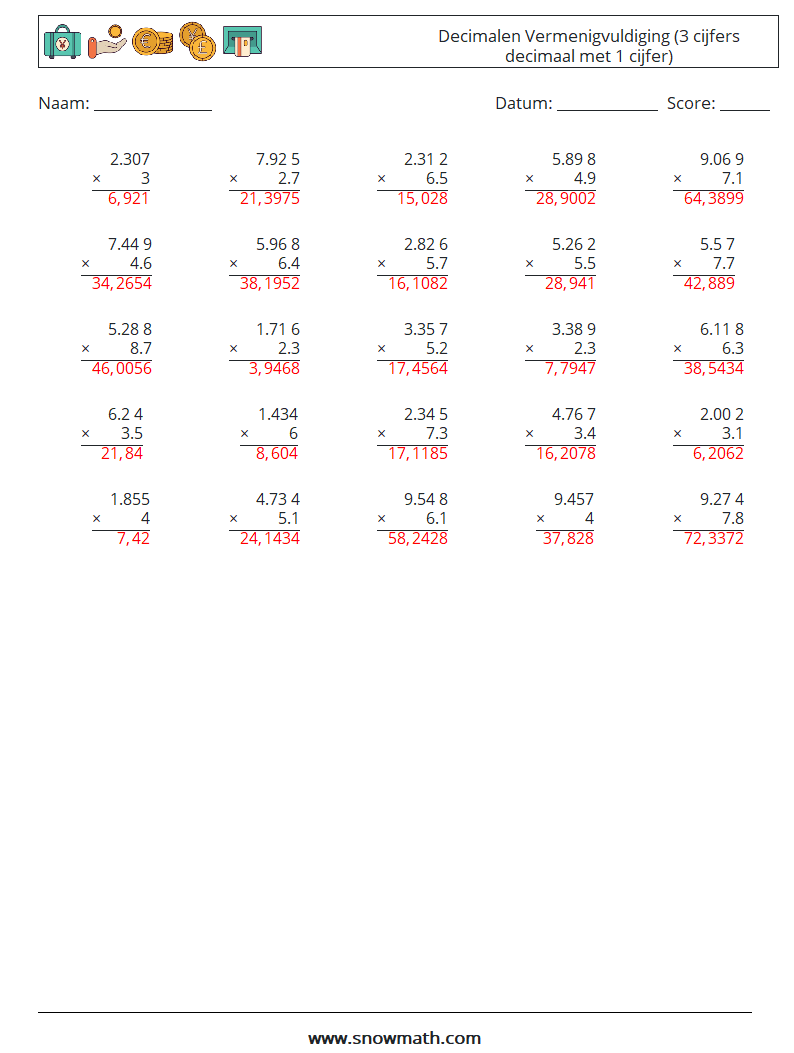 (25) Decimalen Vermenigvuldiging (3 cijfers decimaal met 1 cijfer) Wiskundige werkbladen 18 Vraag, Antwoord