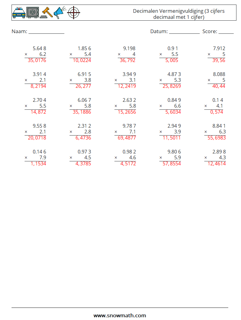 (25) Decimalen Vermenigvuldiging (3 cijfers decimaal met 1 cijfer) Wiskundige werkbladen 1 Vraag, Antwoord