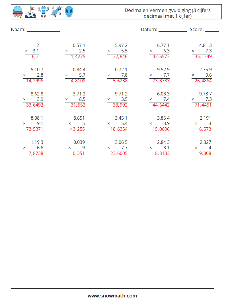 (25) Decimalen Vermenigvuldiging (3 cijfers decimaal met 1 cijfer) Wiskundige werkbladen 3 Vraag, Antwoord