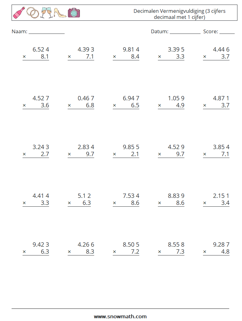 (25) Decimalen Vermenigvuldiging (3 cijfers decimaal met 1 cijfer) Wiskundige werkbladen 4