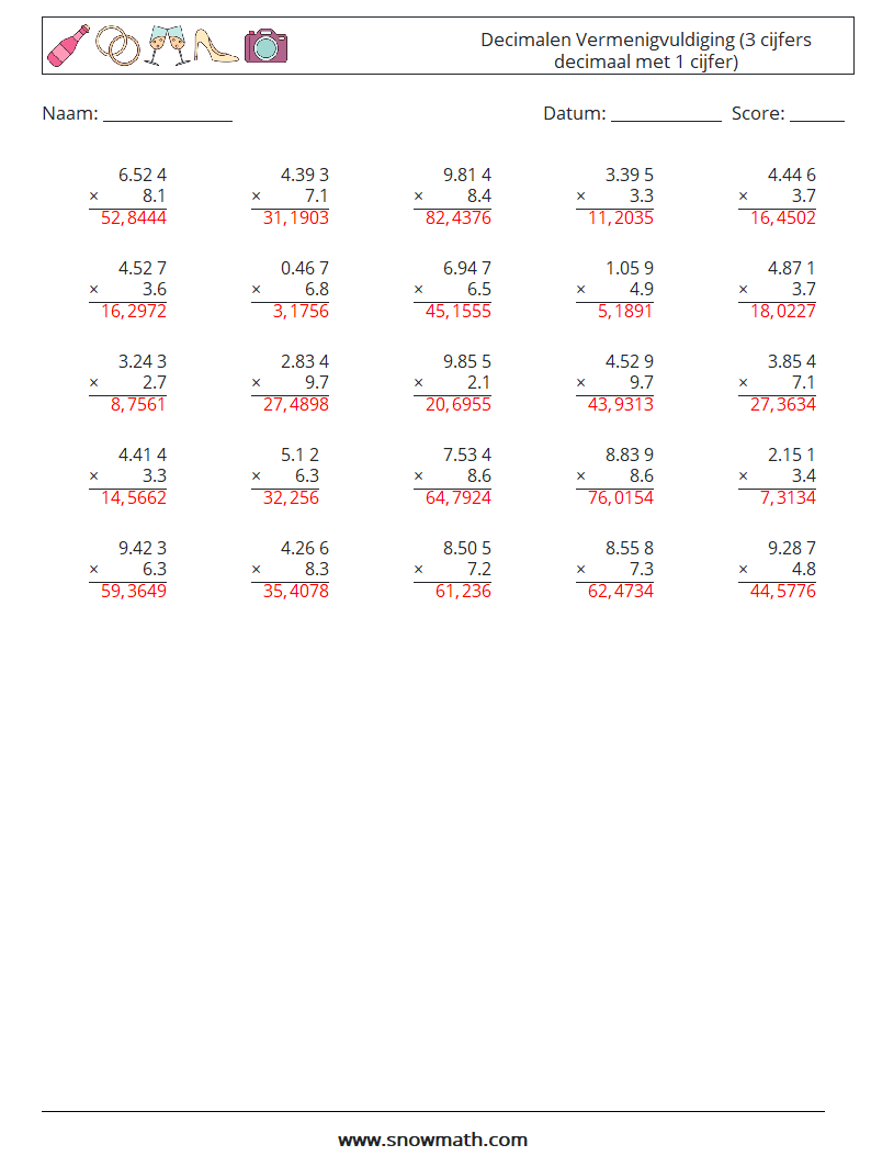 (25) Decimalen Vermenigvuldiging (3 cijfers decimaal met 1 cijfer) Wiskundige werkbladen 4 Vraag, Antwoord