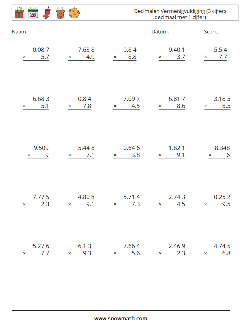(25) Decimalen Vermenigvuldiging (3 cijfers decimaal met 1 cijfer) Wiskundige werkbladen 5