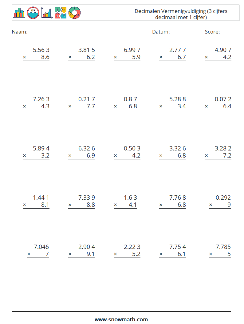(25) Decimalen Vermenigvuldiging (3 cijfers decimaal met 1 cijfer) Wiskundige werkbladen 6