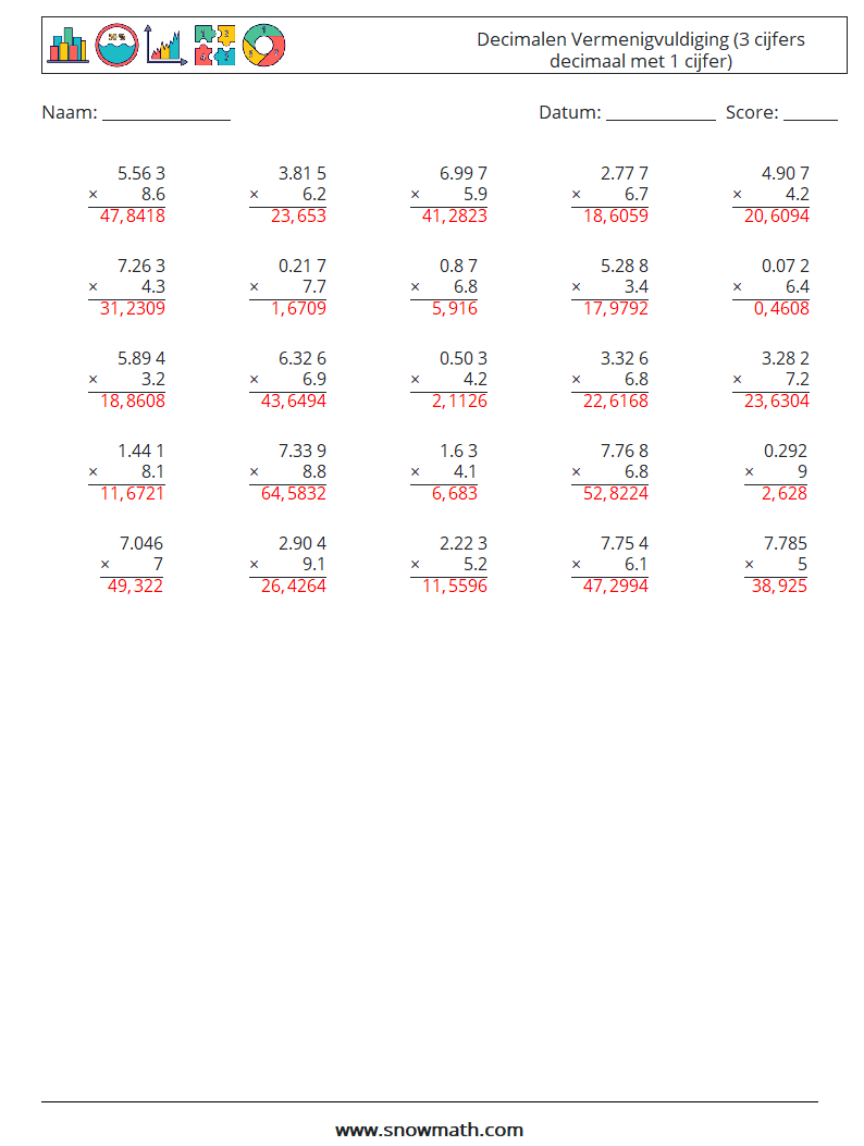 (25) Decimalen Vermenigvuldiging (3 cijfers decimaal met 1 cijfer) Wiskundige werkbladen 6 Vraag, Antwoord