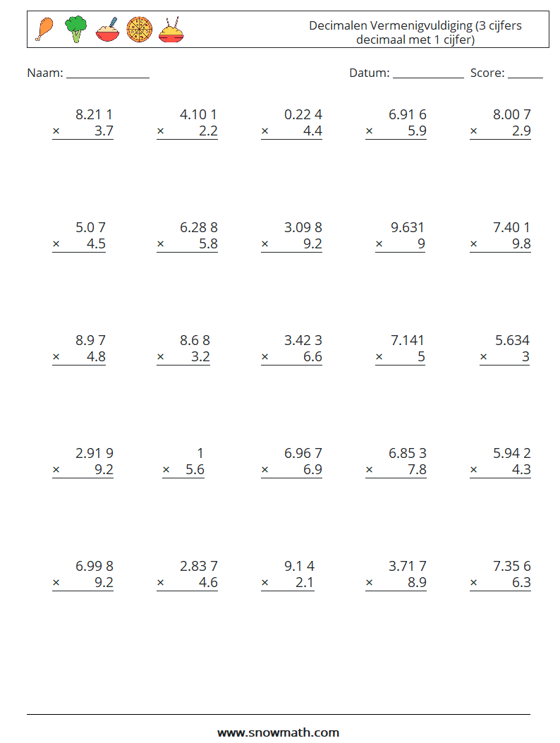 (25) Decimalen Vermenigvuldiging (3 cijfers decimaal met 1 cijfer) Wiskundige werkbladen 8