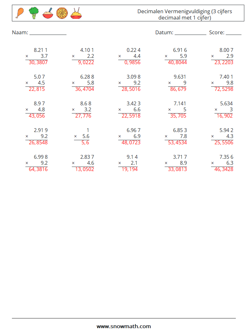 (25) Decimalen Vermenigvuldiging (3 cijfers decimaal met 1 cijfer) Wiskundige werkbladen 8 Vraag, Antwoord