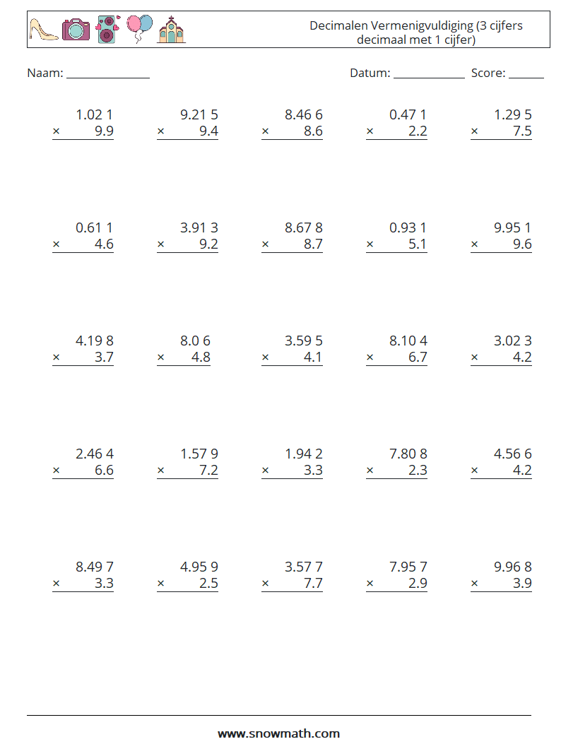 (25) Decimalen Vermenigvuldiging (3 cijfers decimaal met 1 cijfer) Wiskundige werkbladen 9