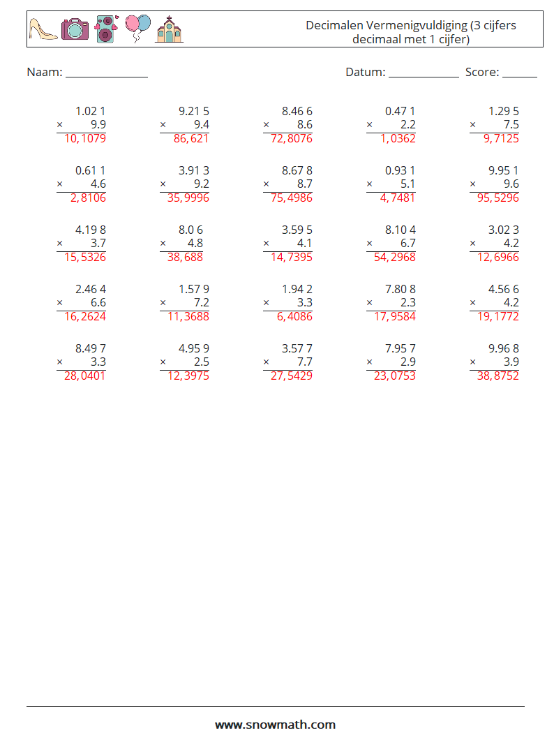 (25) Decimalen Vermenigvuldiging (3 cijfers decimaal met 1 cijfer) Wiskundige werkbladen 9 Vraag, Antwoord