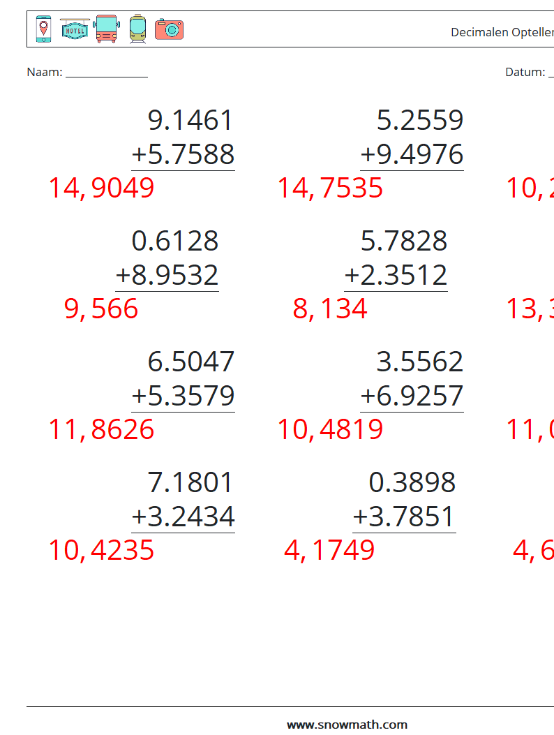 (12) Decimalen Optellen (4 cijfers) Wiskundige werkbladen 11 Vraag, Antwoord