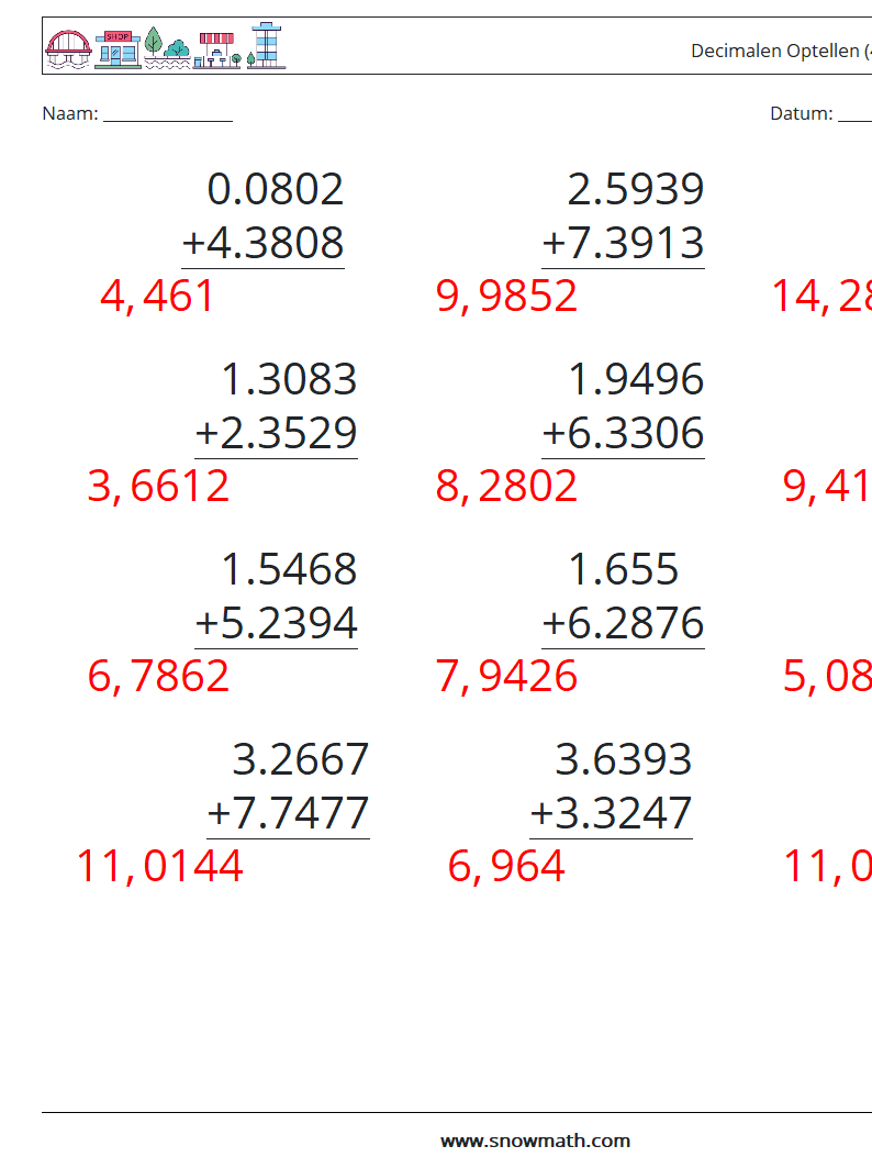 (12) Decimalen Optellen (4 cijfers) Wiskundige werkbladen 12 Vraag, Antwoord