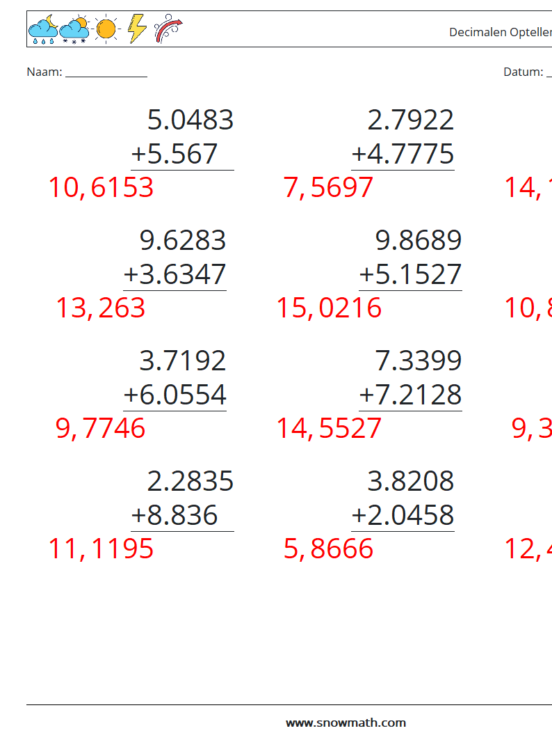 (12) Decimalen Optellen (4 cijfers) Wiskundige werkbladen 13 Vraag, Antwoord