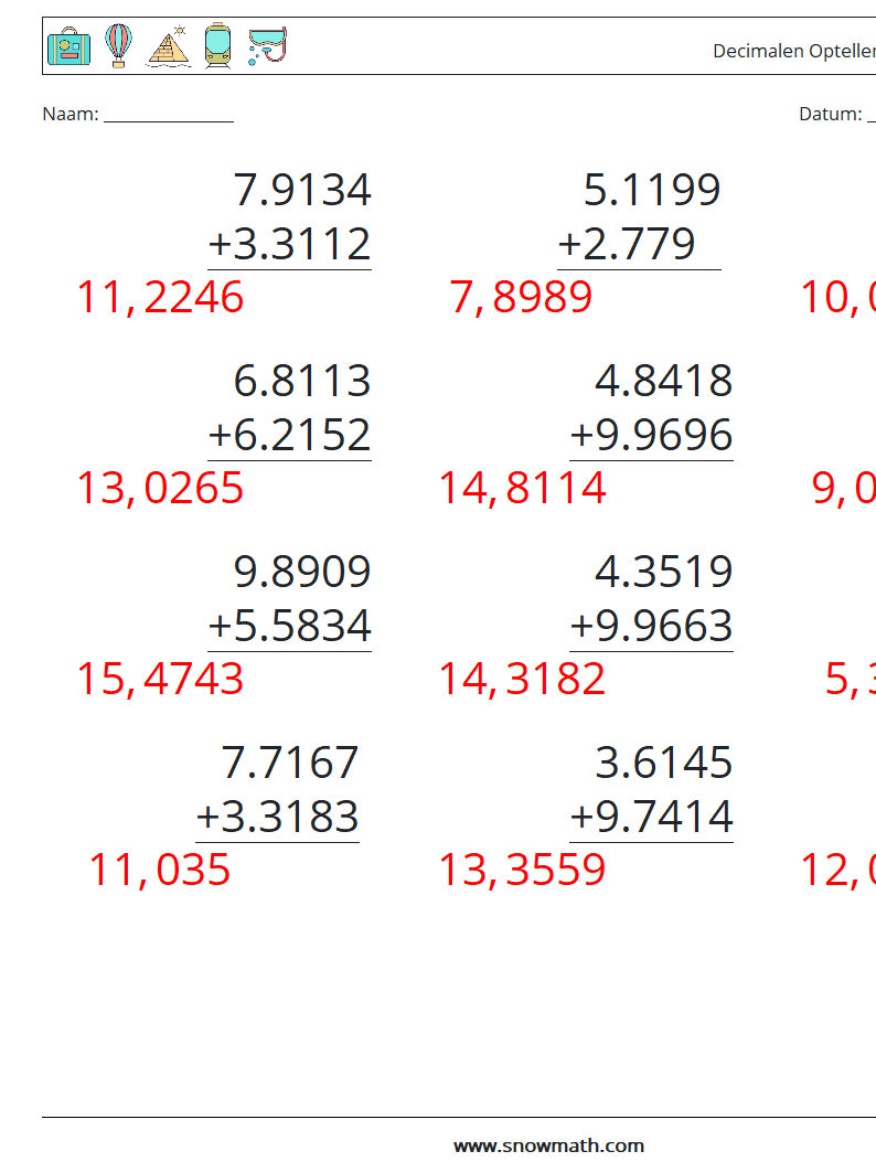 (12) Decimalen Optellen (4 cijfers) Wiskundige werkbladen 16 Vraag, Antwoord