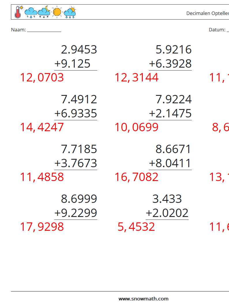 (12) Decimalen Optellen (4 cijfers) Wiskundige werkbladen 17 Vraag, Antwoord