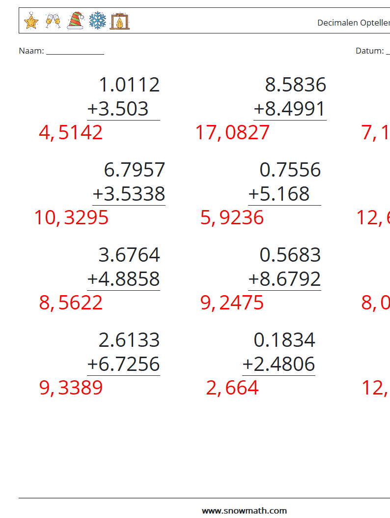 (12) Decimalen Optellen (4 cijfers) Wiskundige werkbladen 18 Vraag, Antwoord