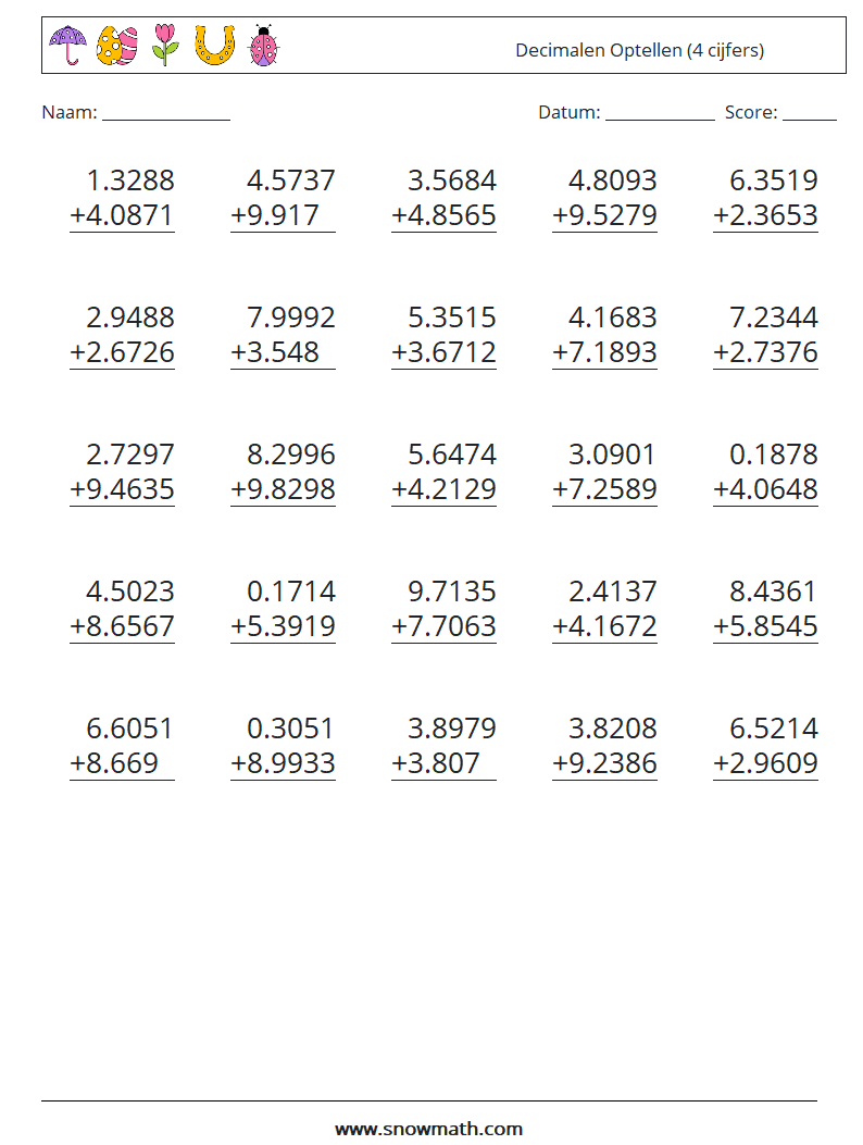 (25) Decimalen Optellen (4 cijfers) Wiskundige werkbladen 10