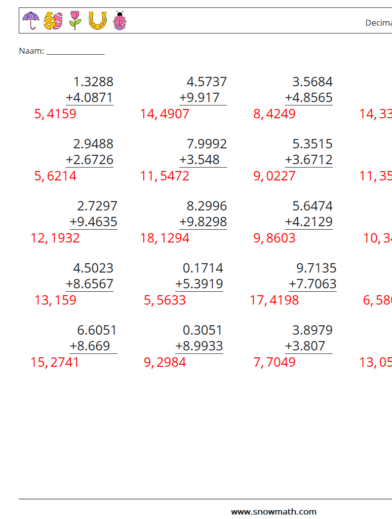 (25) Decimalen Optellen (4 cijfers) Wiskundige werkbladen 10 Vraag, Antwoord