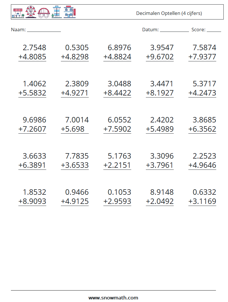 (25) Decimalen Optellen (4 cijfers) Wiskundige werkbladen 11