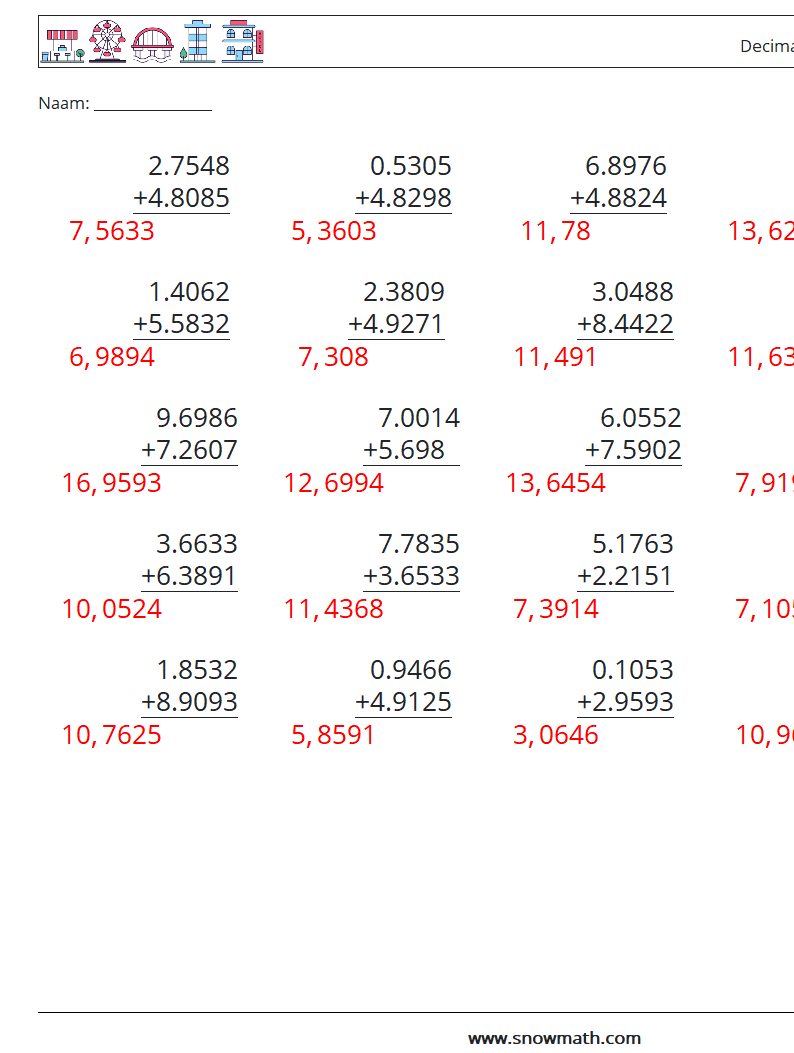 (25) Decimalen Optellen (4 cijfers) Wiskundige werkbladen 11 Vraag, Antwoord