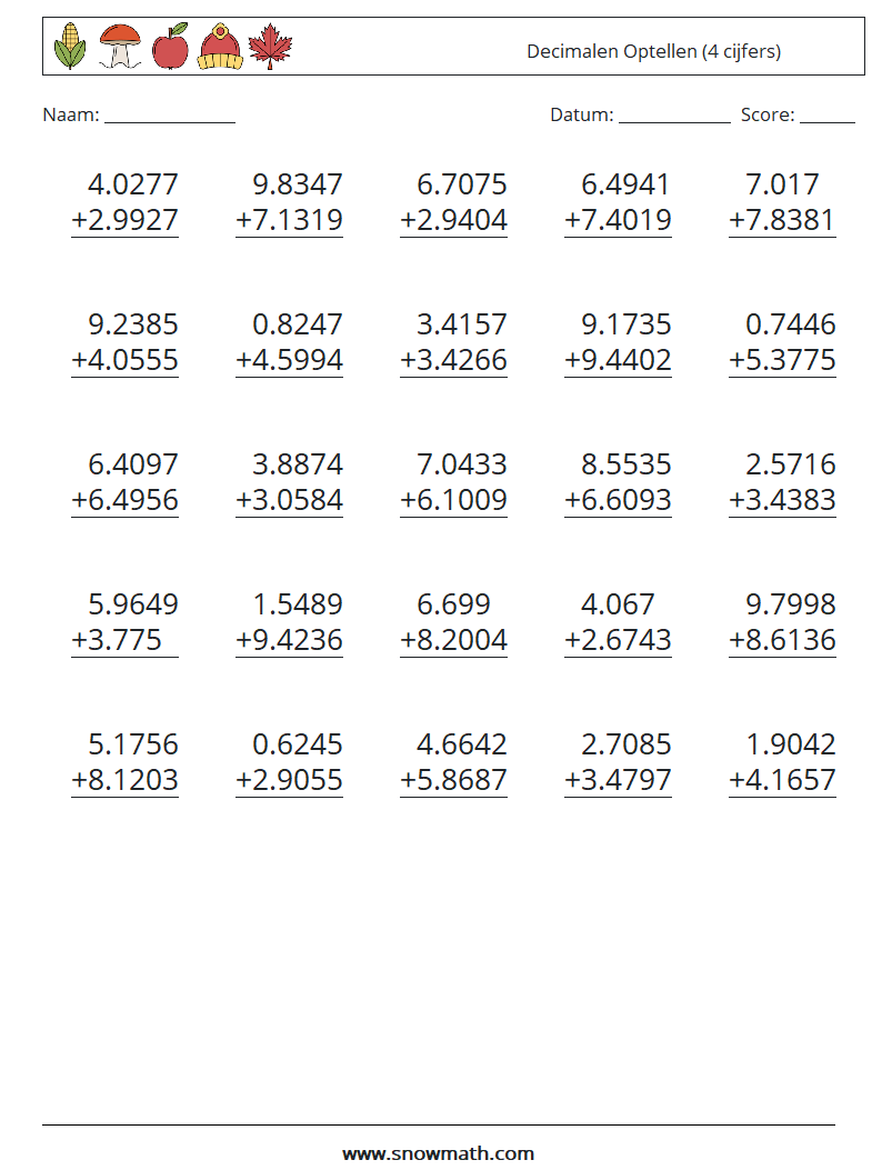 (25) Decimalen Optellen (4 cijfers) Wiskundige werkbladen 13