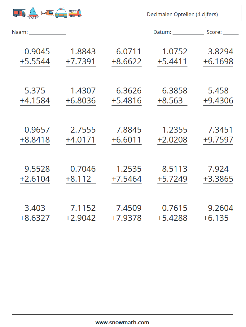 (25) Decimalen Optellen (4 cijfers) Wiskundige werkbladen 16