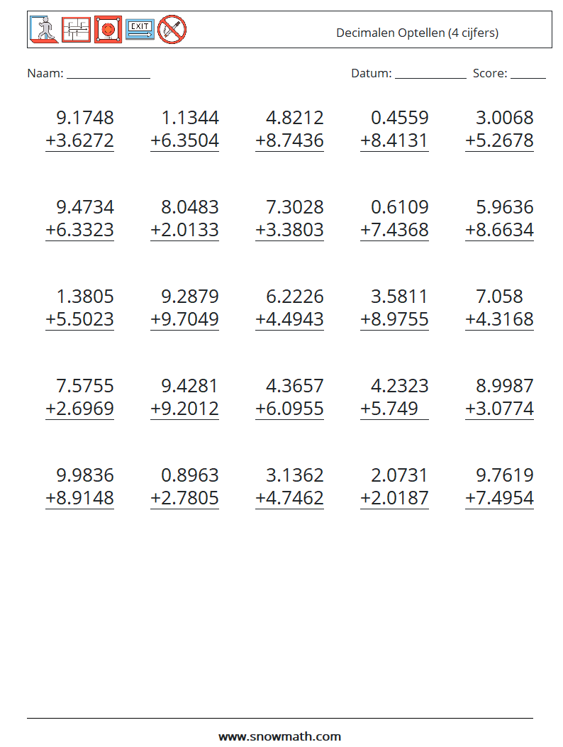 (25) Decimalen Optellen (4 cijfers) Wiskundige werkbladen 2