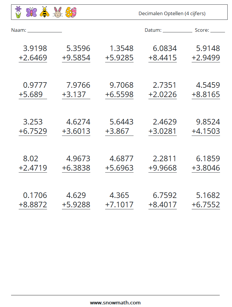 (25) Decimalen Optellen (4 cijfers) Wiskundige werkbladen 3