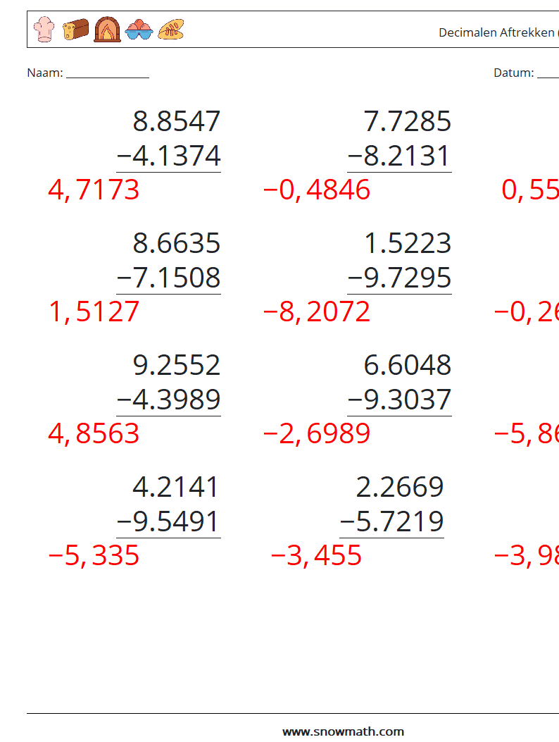 (12) Decimalen Aftrekken (4 cijfers) Wiskundige werkbladen 11 Vraag, Antwoord