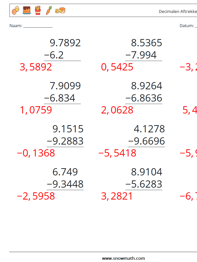 (12) Decimalen Aftrekken (4 cijfers) Wiskundige werkbladen 16 Vraag, Antwoord