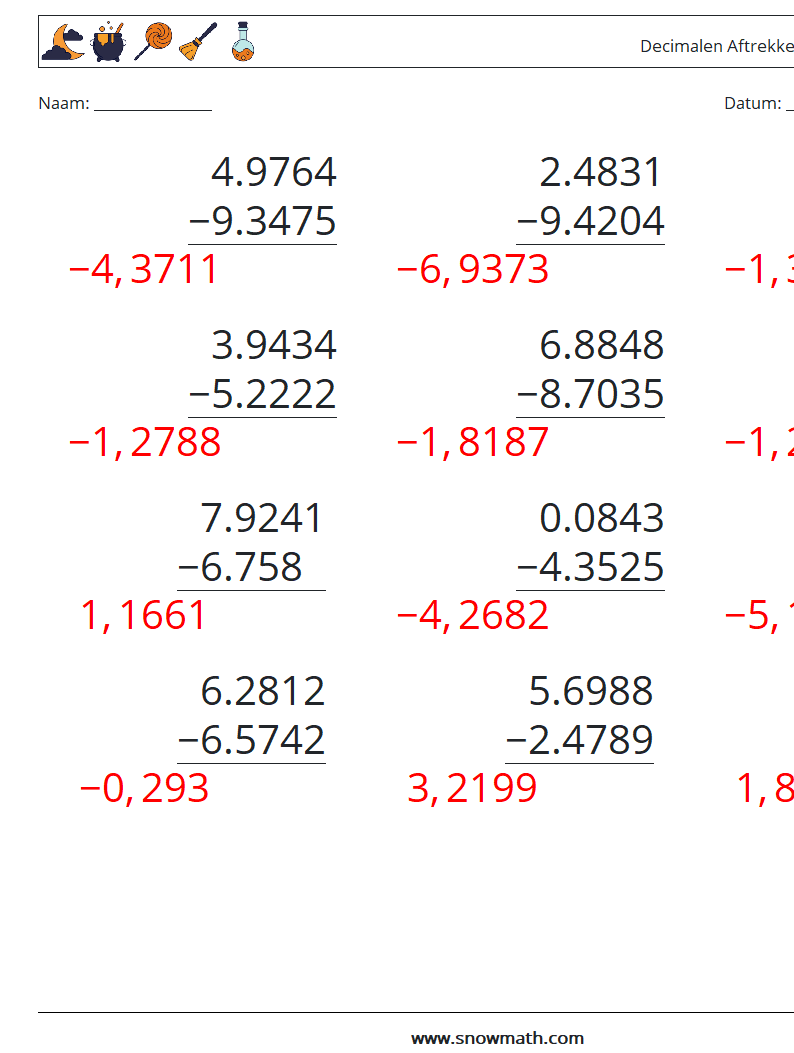 (12) Decimalen Aftrekken (4 cijfers) Wiskundige werkbladen 18 Vraag, Antwoord