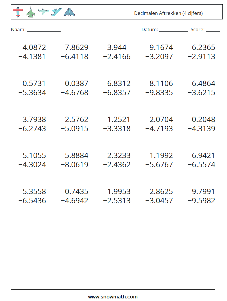 (25) Decimalen Aftrekken (4 cijfers) Wiskundige werkbladen 10